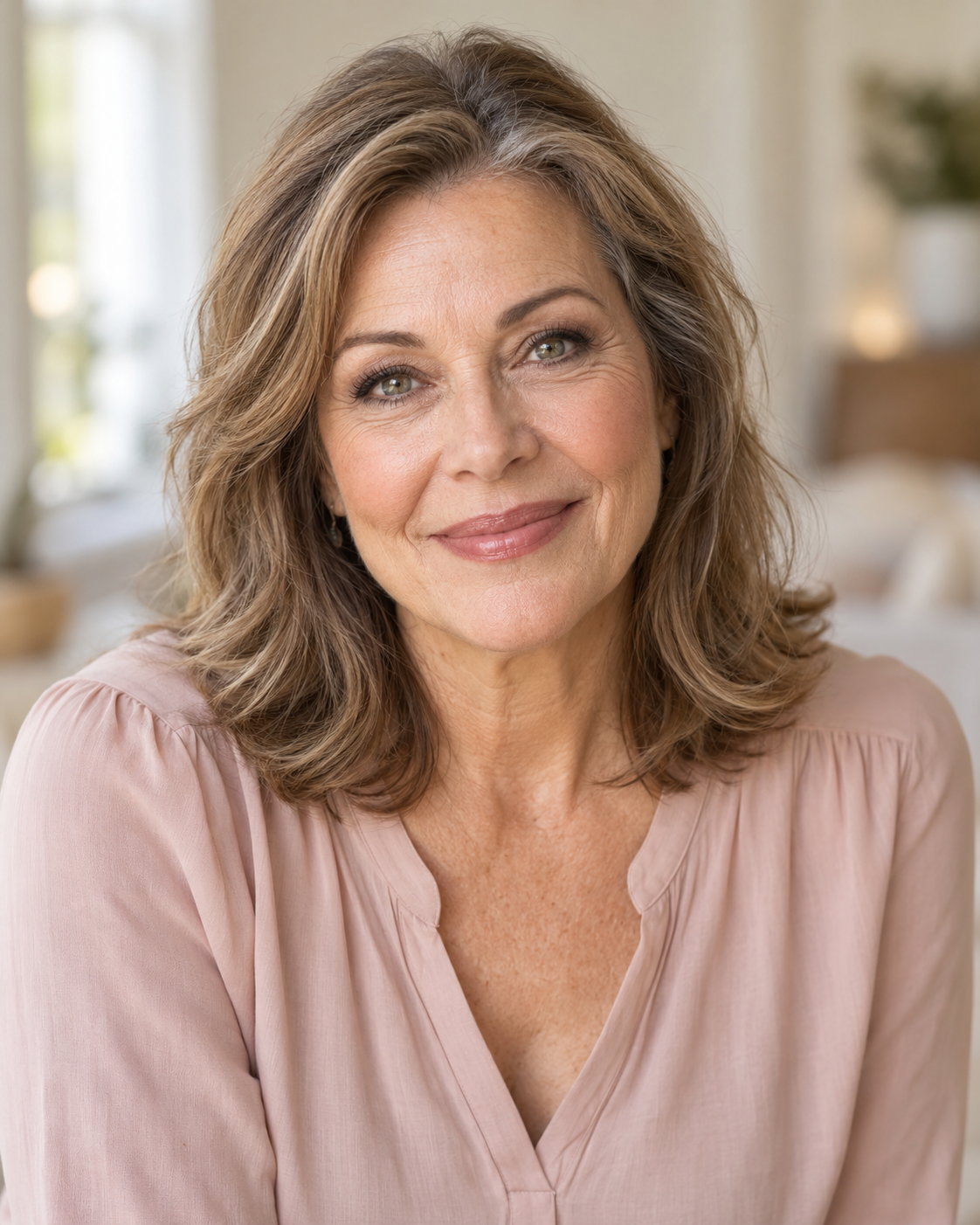 Illustrative portrait of a woman around 55 with defined eyes and pink-brown lipstick