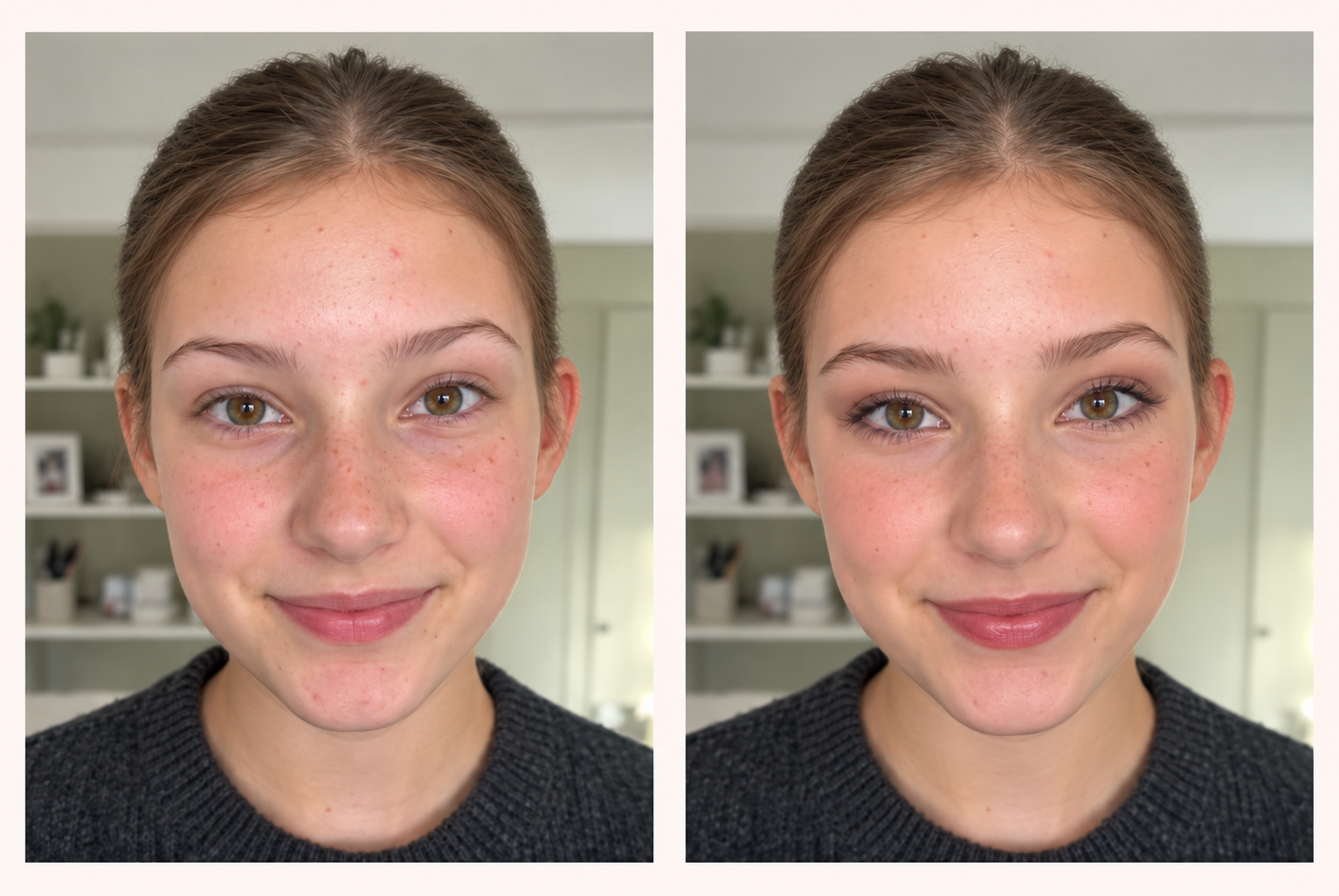 Illustrative portraits of a teenage girl without makeup and with softly defined eyes and rose-pink lips